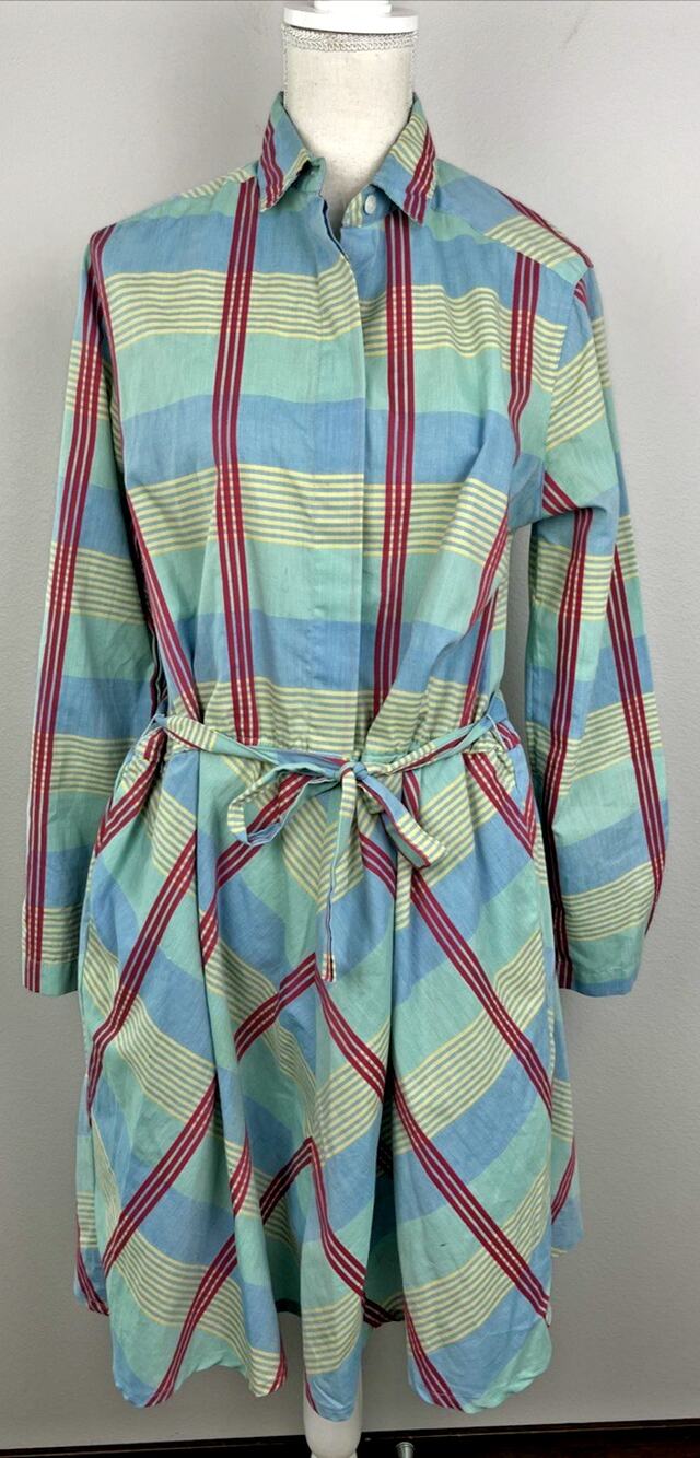 Vintage 80s-90s Haberdasher Plaid Shirt Dress Pastel Chevron with belt Size 11